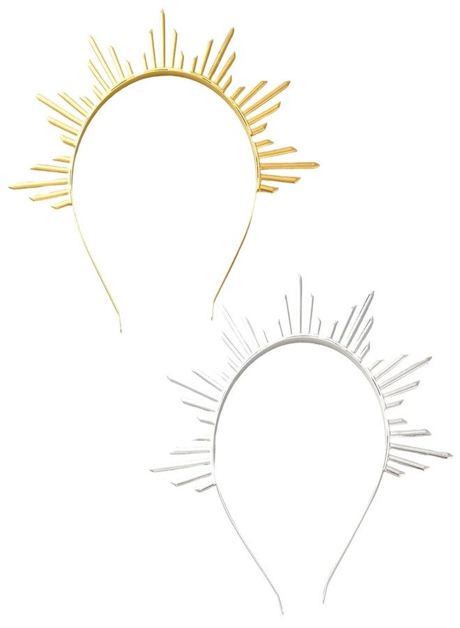 CABODYALS 2Pcs Gold Silver Sun Goddess Halo Crown Renfaire Sunburst Zip Tie Spikes Angel Celestial Headband Renaissance Cosplay Costume Headpiece Hair Bands for Women Halloween Wedding Hair Accessory - Image 1